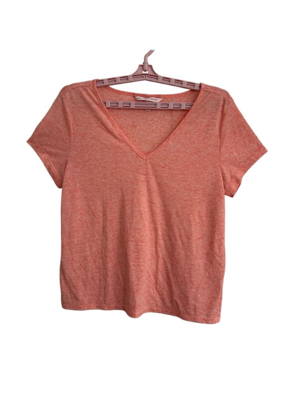 Victoria's Secret Coral V-Neck T-Shirt M Polyester/Linen Blend Beachy Vacation - Picture 3 of 12